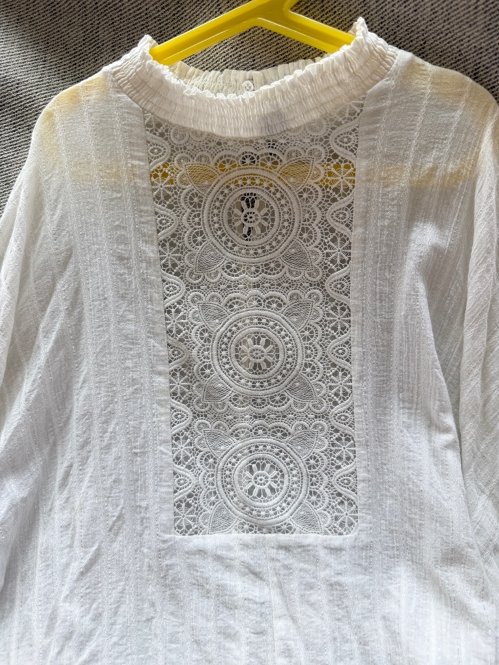 Maje White Lace-Back Blouse with Smocked Neck